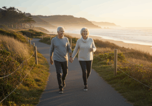 happy couple walking along shoreline